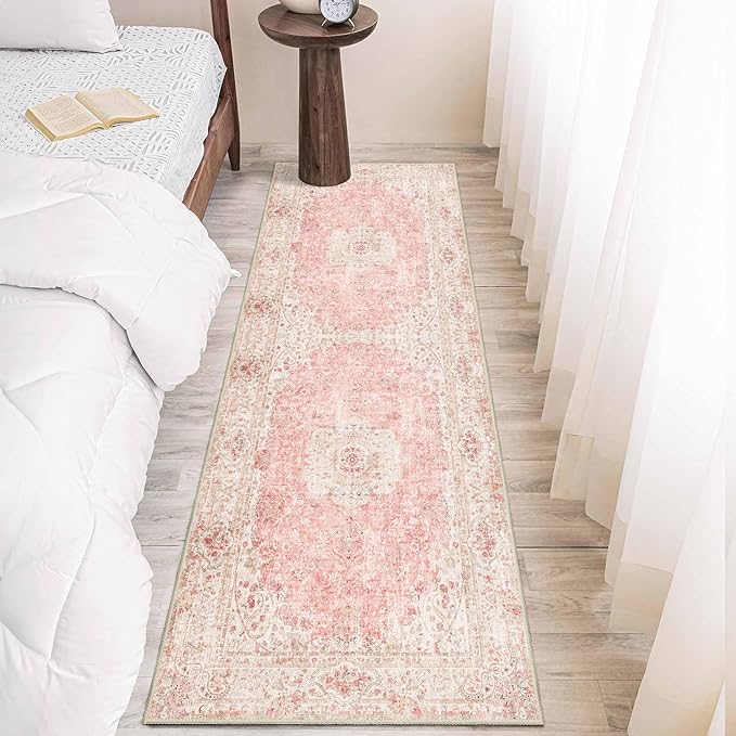 Washable Runner Rug 2x6,Pink Rug Runners Non Slip,Long Boho Rugs for Hallways Kitchen Bedroom Entryway Living Room Bathroom,Vintage Bohemian Distressed Floor Carpet,Blush