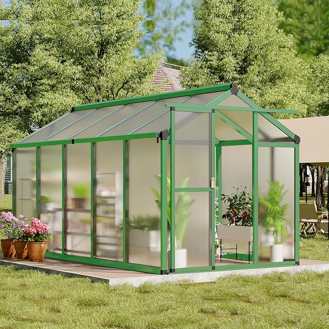 Greenhouse, 6x10 Ft Outdoor Greenhouses, Accessible Green House with Roof Vents and Sliding Doors, Aluminum Frame Polycarbonate Greenhouses, Large Greenhouse for Outdoor Gardens and Backyards, Green