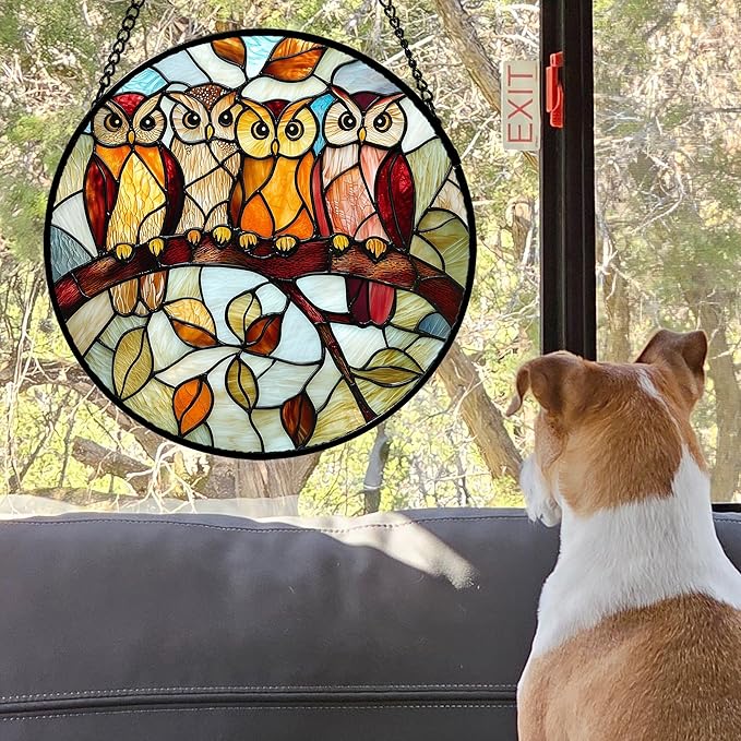 Stained Glass Window Hanging, 4 Owls on a Branch Sun Catcher for Door Home Decor White Brown Bird Suncatcher Christmas Mother's Day Birthday Gifts for Women Men Mom and Nana 7.8 in