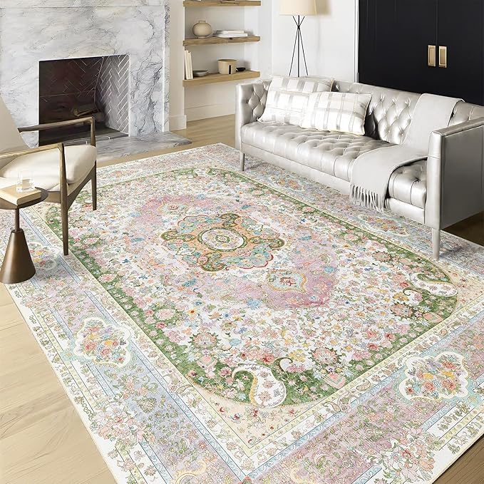 Casrage 6x9 Area Rugs Washable,Pink Rug for Living Room Bedroom Kitchen,Large Boho Vintage Bohemian Distressed Carpet Non Slip,Blush Green