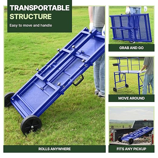 Goat Stand with Adjustable Headpiece & Legs, Goat Milking Stand with Feeder, Rails & Wheels, Stanchion for Grooming & Hoof Trimming, Sheep Stand for Shearing Heavy-Duty Steel Platform, Blue