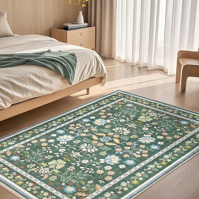4x6 Area Rug Living Room Rugs - Washable Boho Vintage Floral Large Soft Non Slip Thin Rug Low Pile Carpet for Bedroom Dining Room Kids Playroom Office Decor Indoor- Green