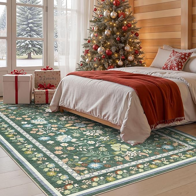 5x7 Area Rug Living Room Rugs - Washable Boho Vintage Floral Large Soft Non Slip Thin Rug Low Pile Carpet for Bedroom Dining Room Kids Playroom Office Decor Indoor- Green