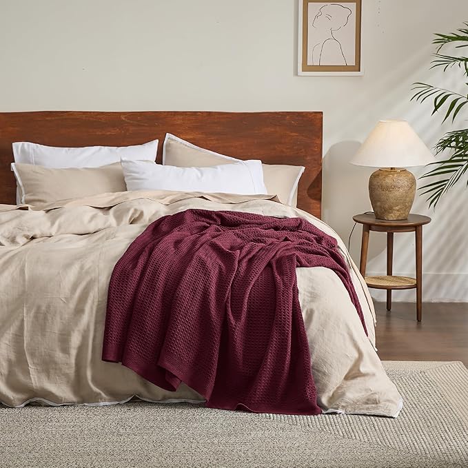 Bedsure Gentlesoft 100% Cotton Blanket Twin XL Size for College Dorm - Breathable and Soft, Waffle Weave Twin Blanket for Summer, Dorm Room Essentials, Red, 66x90 inches