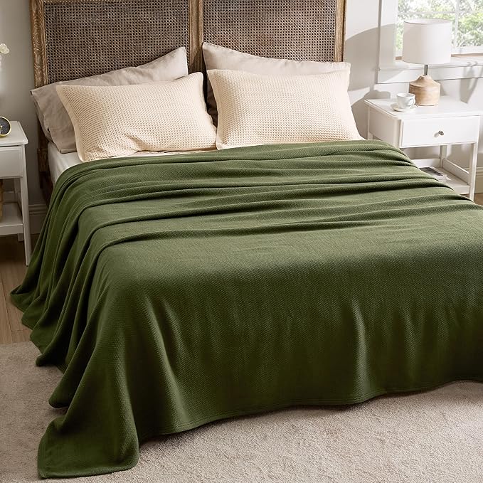 Bedsure GentleSoft 100% Cotton Large Blanket Oversized King for Bed 120x94 inches - Breathable Soft Cozy Herringbone Woven Blanket for Summer, Couch Cover, Olive Green