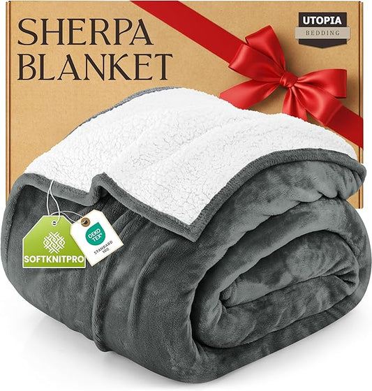 Utopia Bedding Sherpa Blanket Full Size (Grey, 90x84 Inches) - Soft Lightweight Plush Fleece Reversible Blanket for Bed, Sofa, Couch, Camping and Travel