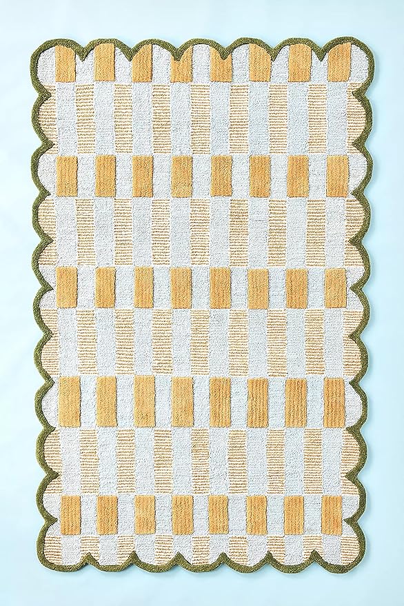 Hand-Tufted Wool Rug with Scalloped Edges, Light Blue Plaid Pattern, Cozy Soft Area Rug for Living Room, Bedroom, and Nursery, Handmade Modern Accent Rug, 7x11 Ft