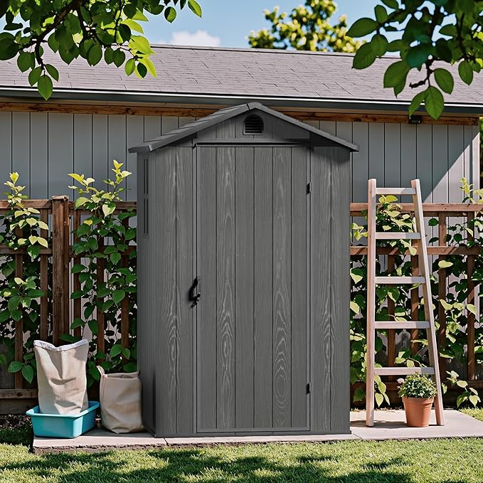 Devoko 4x4 FT Outdoor Shed, Compact & Secure Plastic Resin Storage with Lockable Door, Features Built-in Floor & Window for All-Weather Garden, Patio, and Poolside Organization, Deep Gray