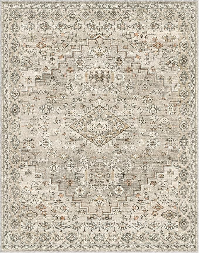 GENIMO Machine Washable 8x10 Area Rugs for Living Room, Non Slip Vintage Rugs, Low Pile Lightweight Chenille Print Rug for Bedroom, Dining Room, Home Office, Sandy Brown