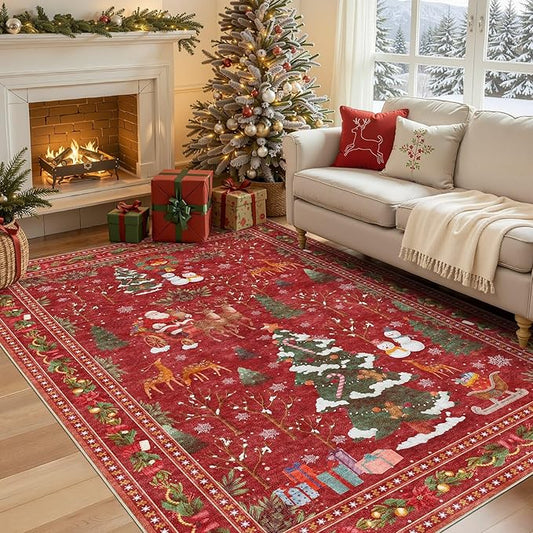 Christmas Area Rug Living Room Rugs: 5x7 Neutral Modern Washable Festive Soft Thin Non-Slip Indoor Carpet for Bedroom Dining Table and Home Office Holiday Decor - Red