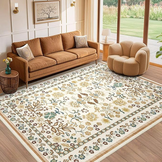 6x9 Area Rug Living Room Rugs - Washable Boho Vintage Floral Large Soft Non Slip Thin Rug Low Pile Carpet for Bedroom Dining Room Kids Playroom Office Decor Indoor- Brown