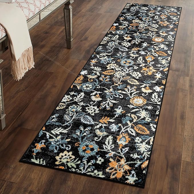 Rugshop Vine Floral Modern for Living Room, Bedroom, or Entryway Black Multi Area Rug 2' 3" x 8' Runner Black