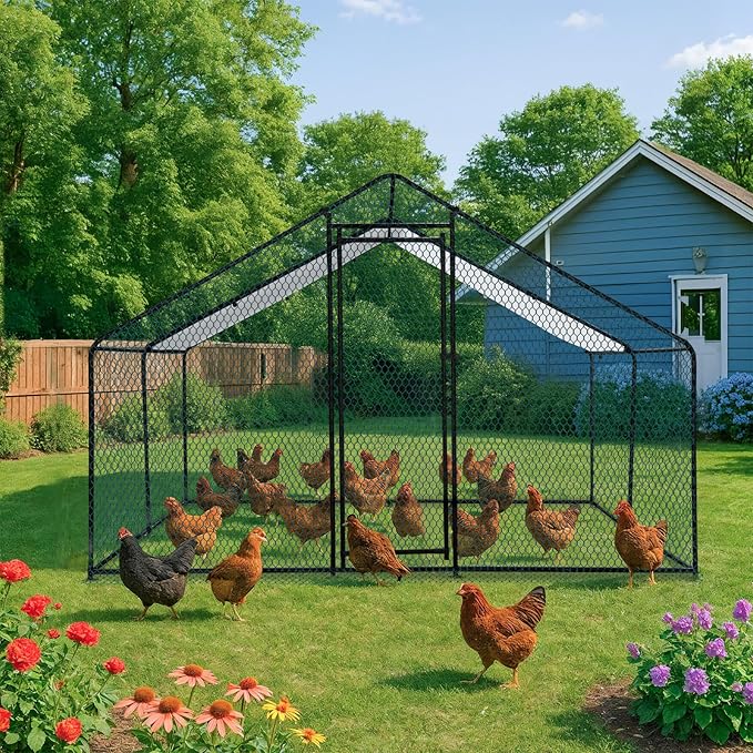 VINGLI Chicken Coop, Large Metal Poultry Cage for Chicken Run, Walk-in Chicken Pen with Waterproof & Anti-UV Cover Outdoor (Black-Spire Roof, 9.8 * 9.8 * 6.5 ft)