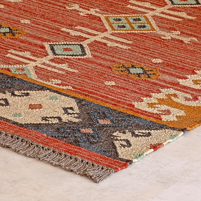 Jute Traditional Kilim Rug Boho Flatweave Area Rug for Living Room, Living Room Entryway, Tribal Series 8'x10'