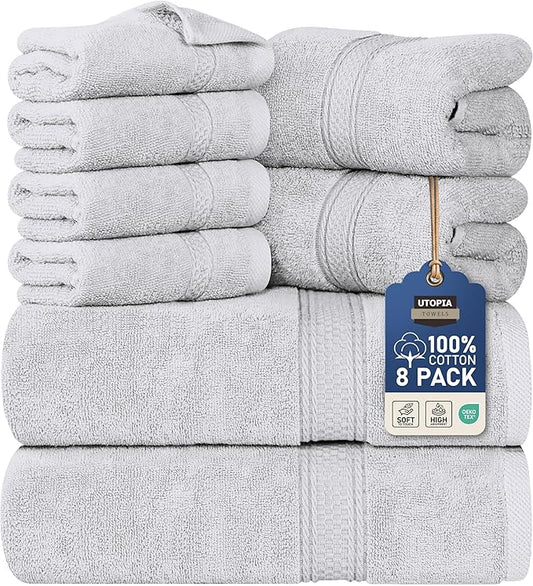 Utopia Towels 8 Piece Luxury Towel Set – Majestic Plush, Super Absorbent & Quicker-to-Dry, Thick 100% Ring Spun Cotton Towels for Bathroom, Spa & Hotel – 2 Bath, 2 Hand, 4 Washcloths, Silver