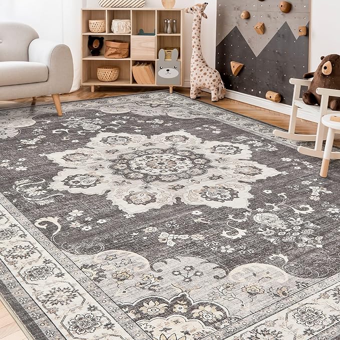Area Rug for Living Room - 6x9 Soft Washable Oriental Vintage Floral Distressed Large Carpet - Fade Stain Resistant Non Slip Rugs for Bedroom Dining Room Nursery Dorm Office Home Decor - Brown/Grey