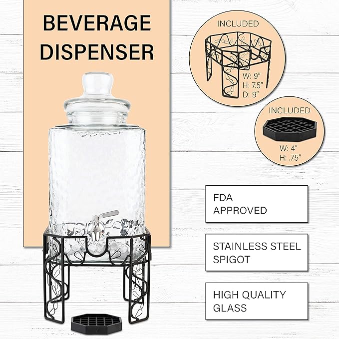 2.5 Gallon Glass Beverage Dispenser with Stainless Steel Spigot, Metal Stand, and Drip Tray – Mason Jar Style Drink Dispenser for Parties, Iced Tea, Water, Lemonade, and More