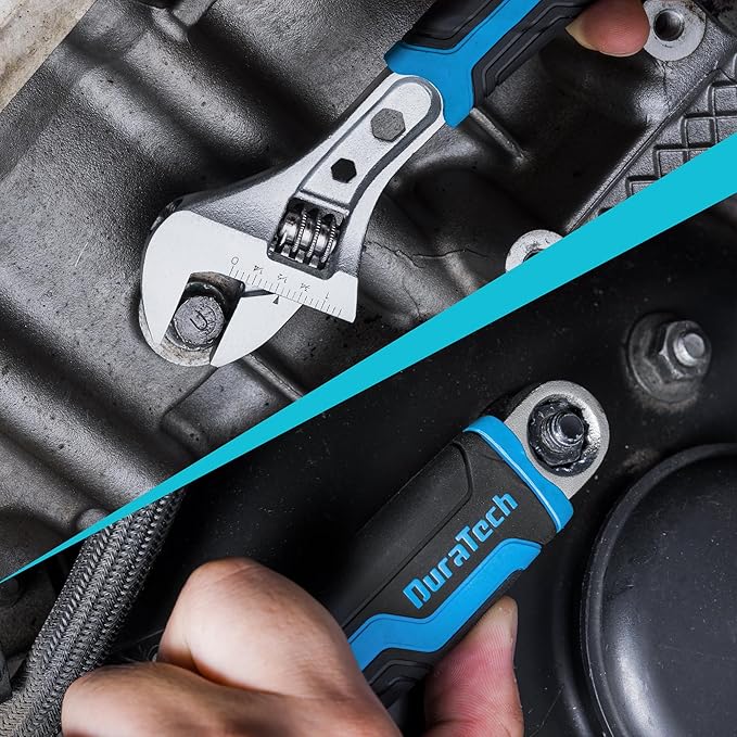 DURATECH 8 Inch Adjustable Wrench, 3-in-1 Spanner with Box End/Hex Function, CR-V Steel, Metric & SAE Scales, Chrome-plated, Bi-material soft Grip