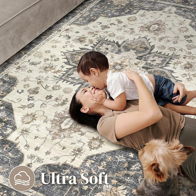 Area Rug for Living Room - 7x9 Soft Washable Oriental Vintage Floral Distressed Large Carpet - Fade Stain Resistant Non Slip Rugs for Bedroom Dining Room Nursery Dorm Office Home Decor - Beige Blue