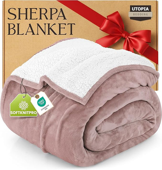 Utopia Bedding Sherpa Blanket California King Size (Rose Pink, 102x96 Inches) - Soft Lightweight Plush Fleece Reversible Blanket for Bed, Sofa, Couch, Camping and Travel