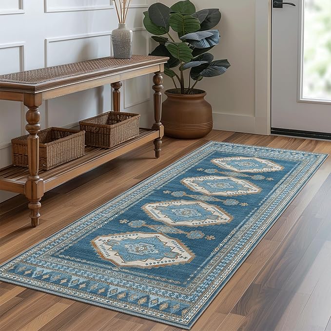 GENIMO 2x10 Washable Runner Rug for Hallway, Vintage Non Slip Low Pile Carpet, Soft Lightweight Printed Rug for Entryway, Kitchen, Corridor & Home Office, Navy/Brick