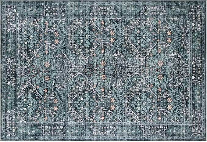 Retro Green Area Rug 6x9 Machine Washable Rug for Living Room,Entryway Bedroom Farmhouse Nursery Home Office，Low Pile Stain & Slip Resistant Large Dark Green Carpet for Bedroom