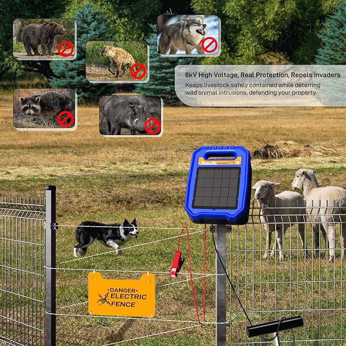 Solar Electric Fence Charger for Livestock, Low Consumption Electric Fence Controller with Smart Day/Night Mode, Suitable for Pasture or Garden Fencing