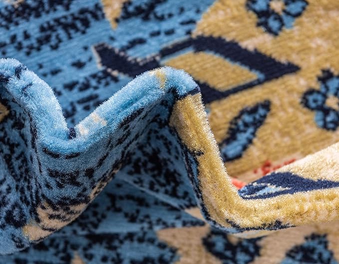Unique Loom Taftan Collection Border Geometric Tribal Inspired Design Area Rug, 8 ft, Light Blue/Gold