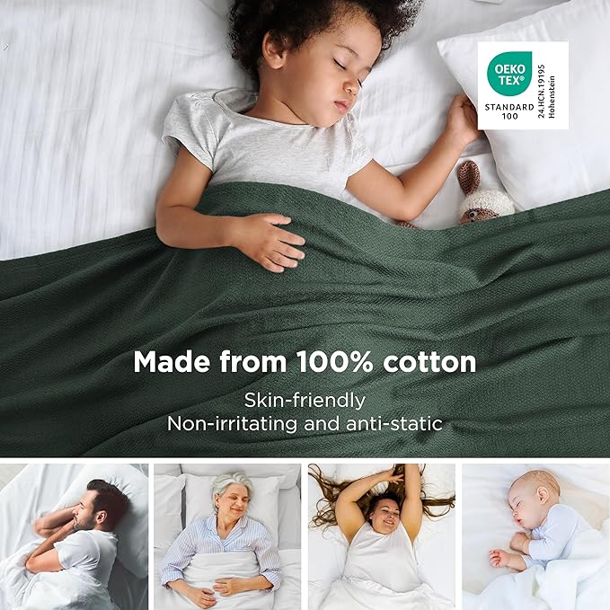 Bedsure 100% Cotton Large Blanket Oversized King for Bed 120x94 inches - Breathable Soft Cozy Herringbone Woven Blanket for Summer, Couch Cover, Dark Green