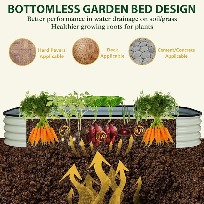 MUPATER 6x3x1FT Galvanized Raised Garden Beds, 11”H Metal Planter Box for Outdoor Plants, Oval Many-in-1 Modular Garden Bed Kit for Herbs and Flowers, Garden, Beige