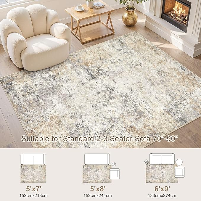 5x8 Area Rug Living Room Rugs - Washable Neutral Modern Abstract Soft Thin Large Rug Indoor Floor No Slip Rug Carpet for Bedroom Under Dining Table Home Office Decor - Golden Grey