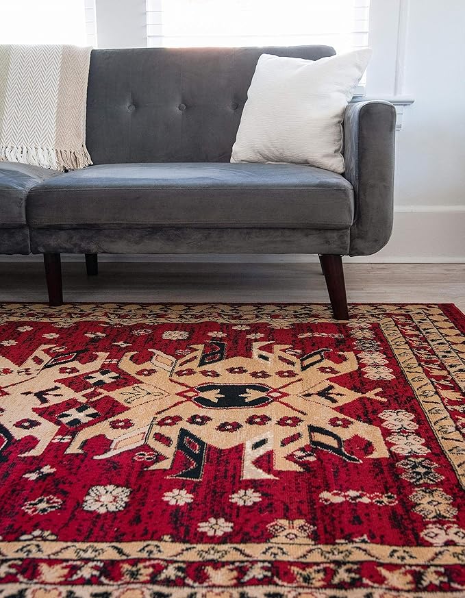 Unique Loom Taftan Collection Border Geometric Tribal Inspired Design Area Rug (9' 10 x 13' 0 Rectangular, Red/ Gold)