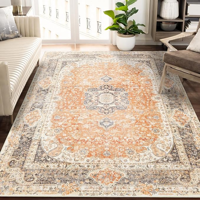 5x7 Area Rugs Washable,Boho Rug for Living Room Bedroom Kitchen,Large Vintage Bohemian Farmhouse Distressed Carpet Non Slip,Retro Orange Grey Floral