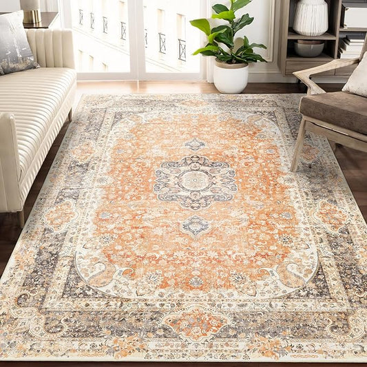 5x7 Area Rugs Washable,Boho Rug for Living Room Bedroom Kitchen,Large Vintage Bohemian Farmhouse Distressed Carpet Non Slip,Retro Orange Grey Floral