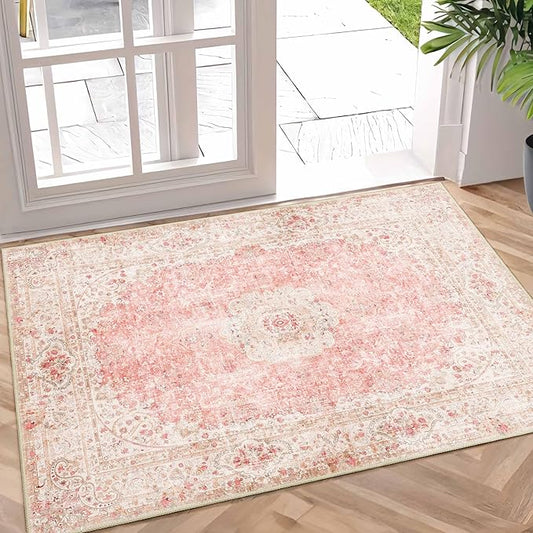 Small Rugs 2x3,Pink Rug for Entryway Bathroom Bedroom Kitchen Entrance Doormat,Boho Vintage Bohemian Distressed Washable Accent Floor Throw Carpet Non Slip,Blush