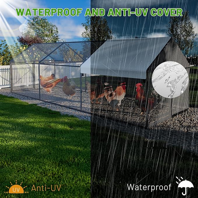 Metal Chicken Coop with Waterproof Cover, 118"x40"x40" Portable Poultry Cage, Outdoor Backyard Farm Walk-in Hen House for Chickens, Ducks, Rabbits and Small Pets