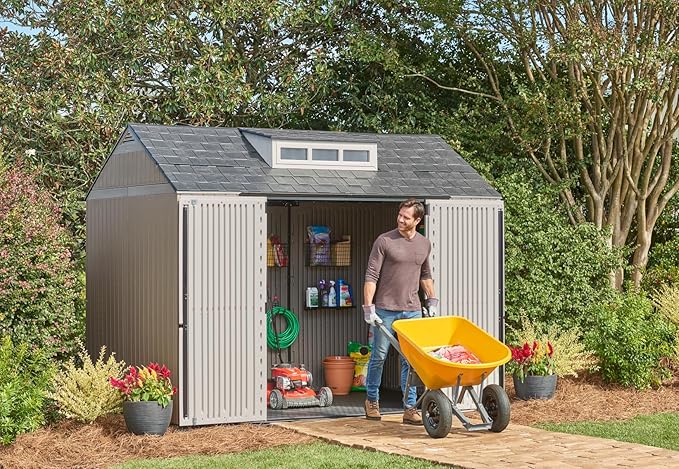 Rubbermaid Extra Large Resin Outdoor Storage Shed With Floor (7 x 10.5 Ft.) Weather Resistant Brown Organization for Home/Lawn Mower/Backyard Equipment/Bike Storage/Pool Supplies