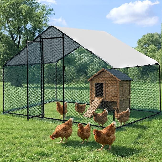 VINGLI Chicken Coop, Large Metal Poultry Cage for Chicken Run, Walk-in Chicken Pen with Waterproof & Anti-UV Cover Outdoor (Black-Spire Roof, 6.5 * 9.8 * 6.5 ft)