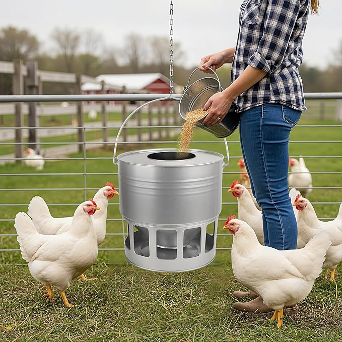 KOL Hanging Chicken Feeder – 20lbs Metal Chicken Feeder, Adjustable Poultry Feeder with 12 Ports, No Installation & Universal Height Design (Silver)