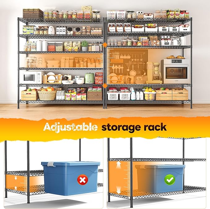REIBII 83"H Storage Shelves 3840LBS Metal Shelving Unit Garage Shelving Heavy Duty 6 Tier Commercial Adjustable Wire Shelving for Storage Rack for Pantry, Garage, Kitchen, 83"H x 55.5"W x 18"D, 2PCS