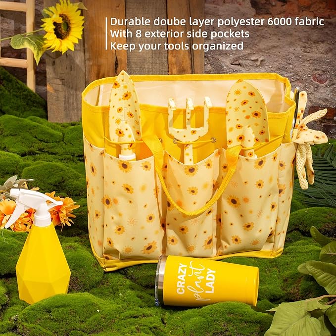 Sunflower Gardening Gifts for Women, Garden Tool Set, Heavy Duty Gardening Hand Tools with Garden Tool Bag,Yellow