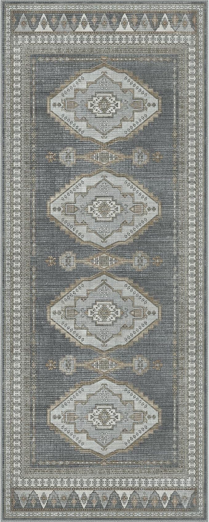 GENIMO 2x5 Washable Runner Rug for Hallway, Vintage Non Slip Low Pile Carpet, Soft Lightweight Printed Rug for Entryway, Kitchen, Corridor & Home Office, Gray/Beige