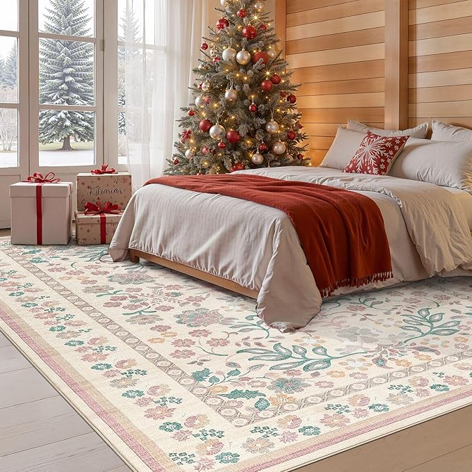 9x12 Area Living Room Rugs - Washable Boho Vintage Floral Large Soft Non Slip Thin Rug Low Pile Carpet for Bedroom Dining Room Kids Playroom Office Decor Indoor - Pink