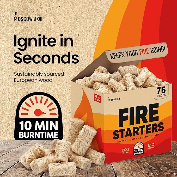 Moscow-Mix Fire Starter (75 PCS) Natural Fire Starters for Campfires, Fireplace, Charcoal Starter for Grill, BBQ, Wood Stove, Fire Pits - Odorless, Non-Toxic, Waterproof Natural Pine Wood Starters