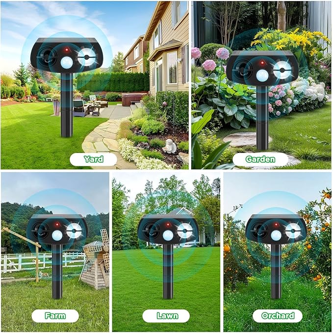 Solar Powered Animal Repeller, Ultrasonic Pest Deterrent with LED Strobe Light, Green, Motion Sensor, 14.8 Inch Stake, for Yard Garden 2 Packs