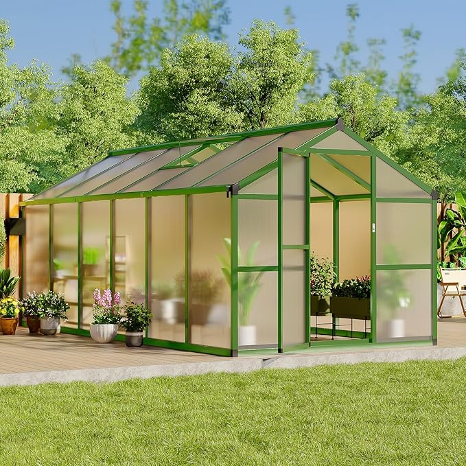8x12 FT Greenhouse, Easy Assembly Aluminum Polycarbonate Greenhouses for Outdoors with Roof Vent, Large Aluminum Walk-in Greenhouse for Sunroom Patio, Backyard, Garden, Sliding Lockable Door, Green