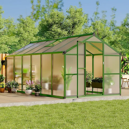 8x12 FT Greenhouse, Easy Assembly Aluminum Polycarbonate Greenhouses for Outdoors with Roof Vent, Large Aluminum Walk-in Greenhouse for Sunroom Patio, Backyard, Garden, Sliding Lockable Door, Green