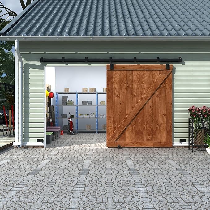 12FT Black Box Rail Exterior Sliding Barn Door Hardware Track Kit, Heavy Duty Barn Door Track Set, Wall Mount Outdoor Weatherproof Single Barn Door Hardware with 5 Track Brackets(No Doors）