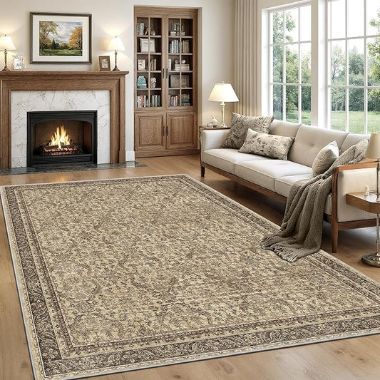 Rugland 5x7 Area Rugs - Stain Resistant Washable Rug, Anti Slip Rugs for Living Room, Vintage Tribal Area Rugs(Vintage01-Brown, 5'x7')