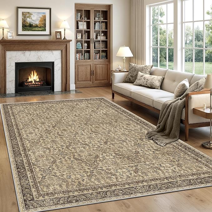 Rugland 6x9 Area Rugs - Stain Resistant Washable Rug, Anti Slip Rugs for Living Room, Vintage Tribal Area Rugs(Vintage01-Brown, 6'x9')